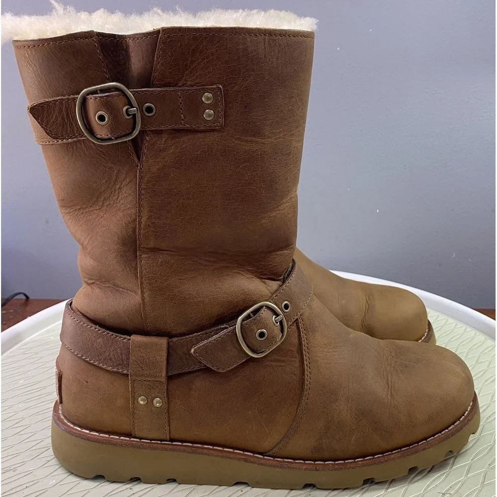 UGG Noira Womens Waterproof Leather Sheepskin Lining Boots Chestnut Brown 7